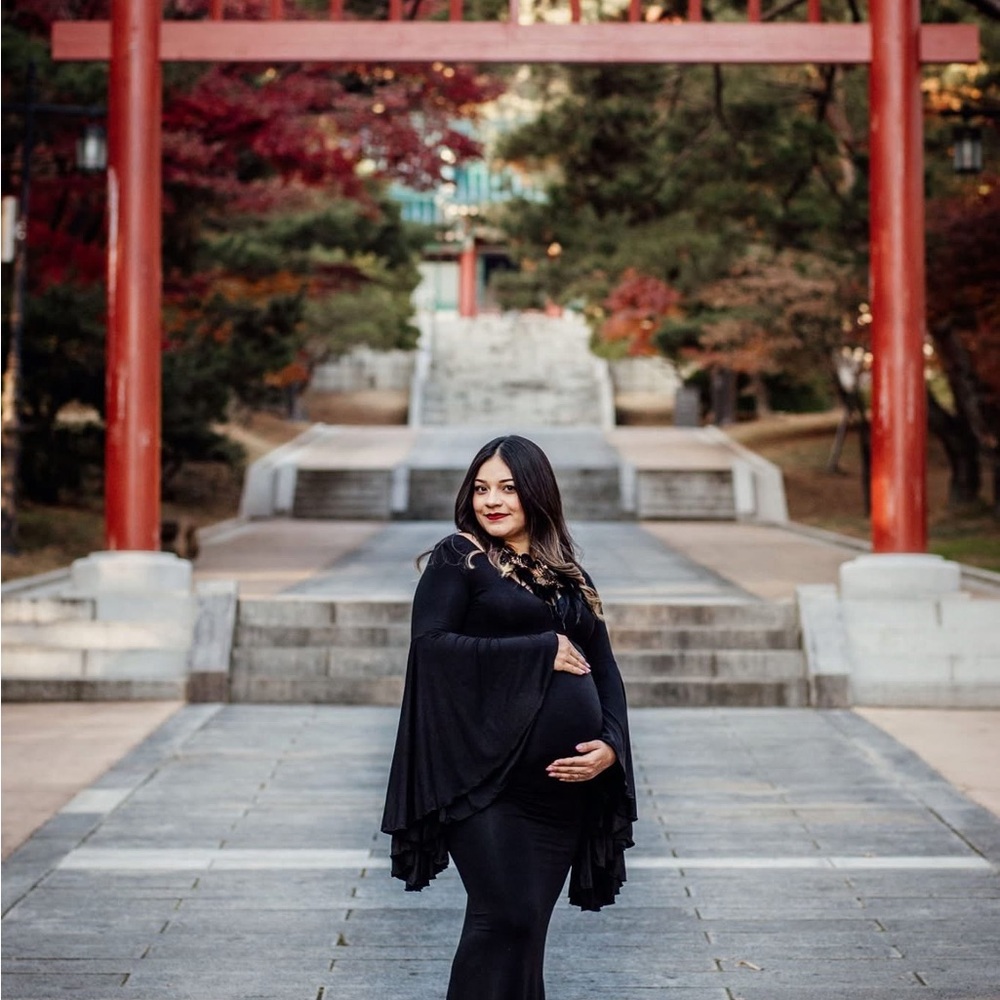 Sew Trendy Accessories Black Maternity Maxi Dress with Cape Bell Sleeves